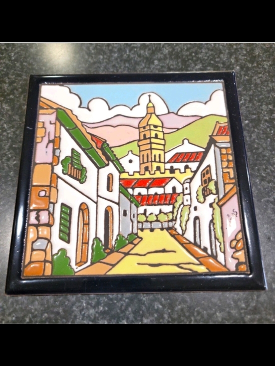 Other - Mijac Signed Glazed Ceramic Townscape Wall Tile Plaque, Glossy, 6x6 in